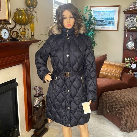 Brand New Michael Kors Black Down Alternative Zippered Faux Fur Hooded Belt Coat - Picture 2 of 16